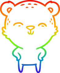 rainbow gradient line drawing of a happy cartoon bear with hands on hips