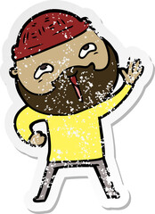 distressed sticker of a cartoon happy bearded man