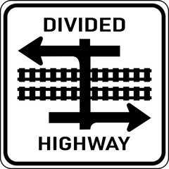 Vector graphic of a usa Light Rail Divided Highway MUTCD highway sign. It consists of the wording Divided Highway and a schematic of roads and tracks contained in a white rectangle