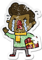 distressed sticker of a cartoon crying man