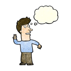 cartoon man making peace sign with thought bubble