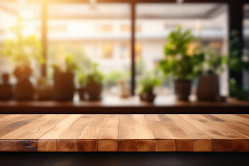 Kitchen space with kitchen utensils in blur and wooden table in foreground. Essence of warm and functional kitchen, making it an choice for kitchen and culinary designs, interior decor concepts. - obrazy, fototapety, plakaty