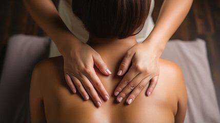 Generative AI, young woman lies on a massage table for a spa procedure in a beauty salon, rejuvenation, massage therapist, skin care, hands, harmony, head, back, hydration, oils, health, female