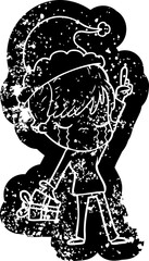 quirky cartoon distressed icon of a woman crying wearing santa hat