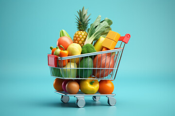 Shopping cart filled with variety of fresh fruits and vegetables. This image can be used to showcase healthy eating, grocery shopping, or farmer's market scene
