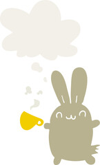 cute cartoon rabbit drinking coffee with thought bubble in retro style