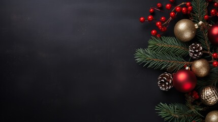 Christmas background with fir branches and red baubles on black background with copy space for text