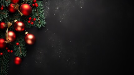 Christmas background with fir branches and red baubles on black background with copy space for text