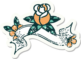 worn old sticker with banner of a single rose