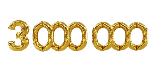 3D render of 3 million celebration like or follower, three Million followers thank you Gold balloons