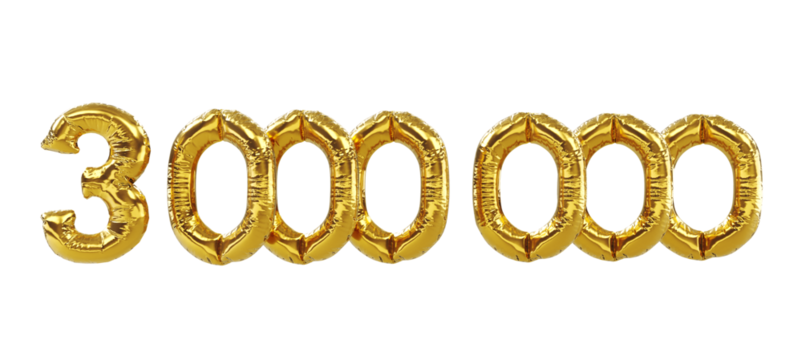 3D render of 3 million celebration like or follower, three Million followers thank you Gold balloons