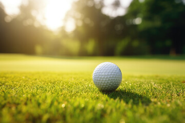 Golf ball sitting on top of vibrant and well-maintained green field. Perfect for sports and outdoor enthusiasts, as well as golf-related content