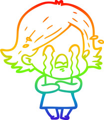 rainbow gradient line drawing of a cartoon woman crying