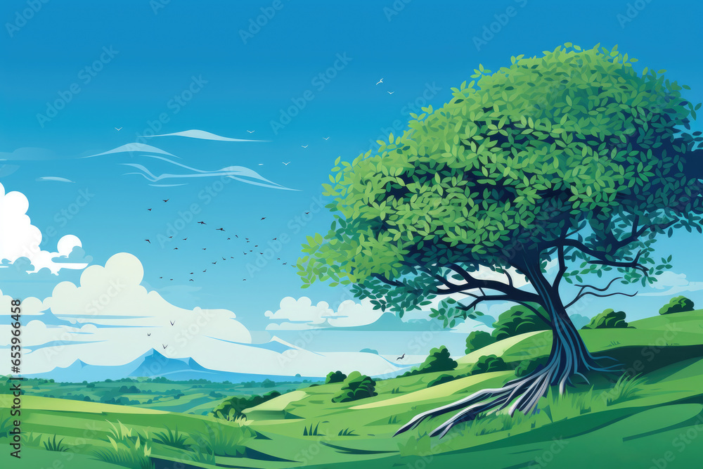 Poster picturesque green field with tall tree and birds soaring in sky. perfect for nature-themed projects 