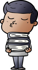cartoon model guy pouting holding books