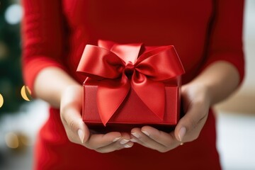 Hands of a woman delivering a Christmas gift - obrazy, fototapety, plakaty