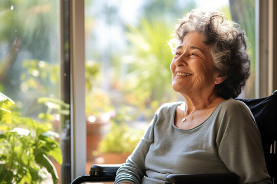 A senior retired Latin woman in wheelchair