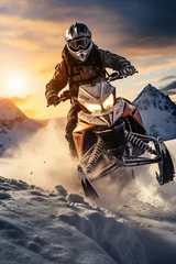 Schilderijen op glas Young man snowmobile rider, snowmobile jumping in beautiful snowy landscape in morning lights © AI_images