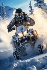 Young man snowmobile rider, snowmobile jumping in beautiful snowy landscape in morning lights - obrazy, fototapety, plakaty