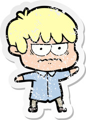 distressed sticker of a annoyed cartoon boy