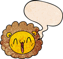 cartoon lion face with speech bubble in retro texture style