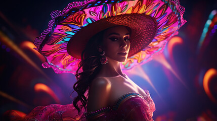 Fabulous Cinco de Mayo female dancer in neon light - obrazy, fototapety, plakaty