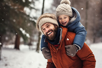 happy dad and kid playing in winter park, - obrazy, fototapety, plakaty