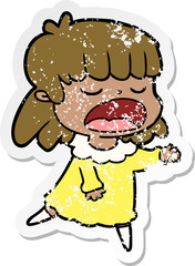 distressed sticker of a cartoon woman talking loudly