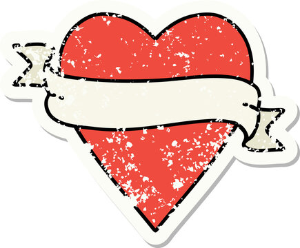 distressed sticker tattoo in traditional style of a heart and banner