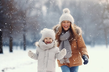 Fototapeta premium Happy mom and kid playing in winter park, enjoying snowy weather
