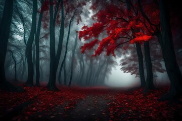 red forest in the foggy and misty weather