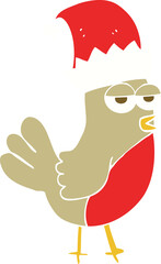 flat color illustration of robin in christmas hat