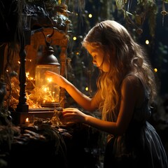 A little girl lights a night lantern. Magical atmosphere, Christmas