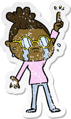 distressed sticker of a cartoon crying woman wearing spectacles