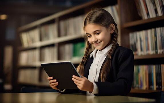 A schoolgirl at school library is using a digital tablet for learning