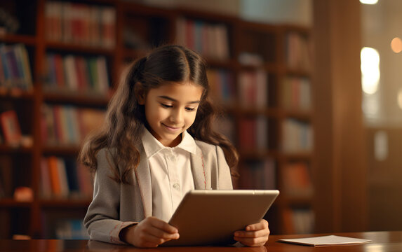A schoolgirl at school library is using a digital tablet for learning