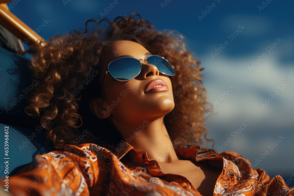 Wall mural Woman wearing sunglasses relaxing on chair. Perfect for summer vacation or leisure-themed designs