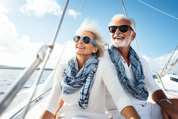 Relaxed of senior couple sailing luxury yacht