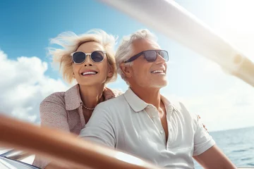 Poster Relaxed of senior couple sailing luxury yacht © AI_images
