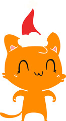 hand drawn flat color illustration of a happy cat wearing santa hat