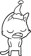 Obraz premium talking cat hand drawn line drawing of a wearing santa hat