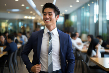 Professional man dressed in suit and tie standing confidently in front of group of people. This image can be used to represent leadership, teamwork, and business meetings