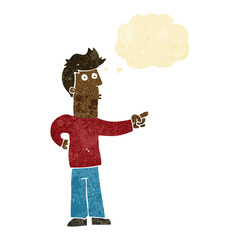 cartoon curious man pointing with thought bubble