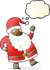 funny waving santa claus cartoon with thought bubble