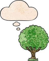 cartoon tree with thought bubble in grunge texture style