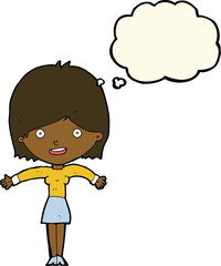 cartoon excited woman with thought bubble