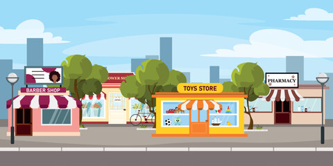 Vector illustration of a beautiful cityscape with shops. Cartoon city street with various shops: a hairdresser, a pharmacy, a flower and toy shop, with trees, lampposts and silhouettes of the city.