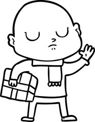 cartoon bald man with xmas gift