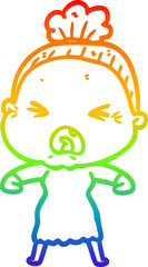 rainbow gradient line drawing of a cartoon angry old woman