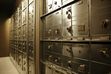 Secure vault in a deposit box room at a bank. Emphasizes the protection and assurance of stored funds. Generative AI